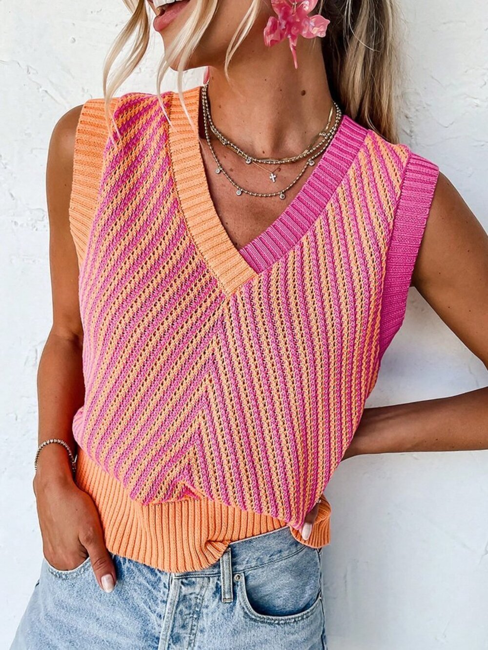 Multicolor Casual Women's Sleeveless V-Neck Striped Knit Vest